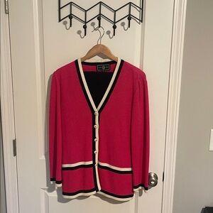 EUC St John Sport Knit V-Neck Jacket, Fuchia/Black/White, Size 8